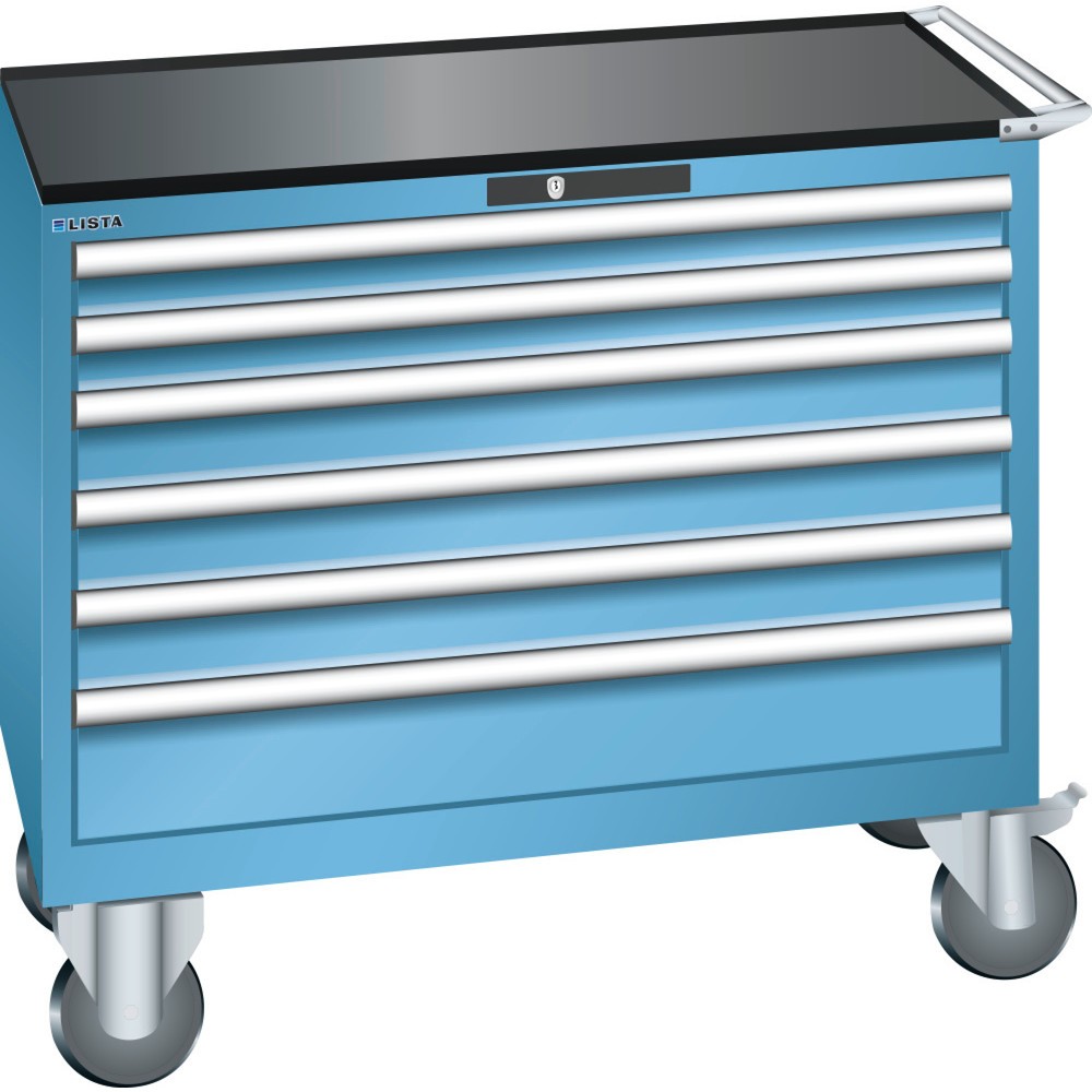 Servante d'atelier LISTA 54x27E, (lxPxH) 1 023x572x962 mm, 6 tiroirs, 2 x 75 / 3 x 100 / 1 x 150, bleu clair, KEY Lock