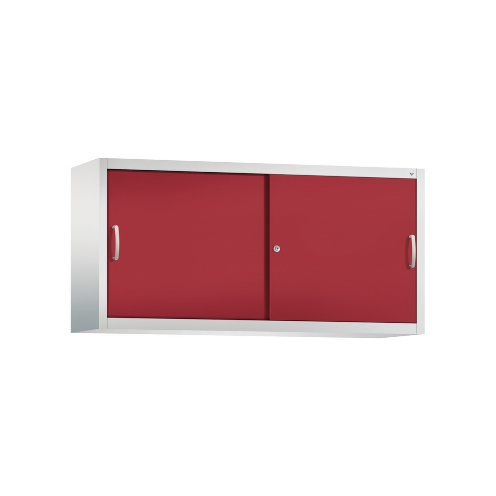 Surmeuble pour armoire à portes coulissantes d’atelier C+P, 2 tablettes, H x l x P 790 x 1 600 x 400 mm, cloison de séparation, gris clair, rouge rubis