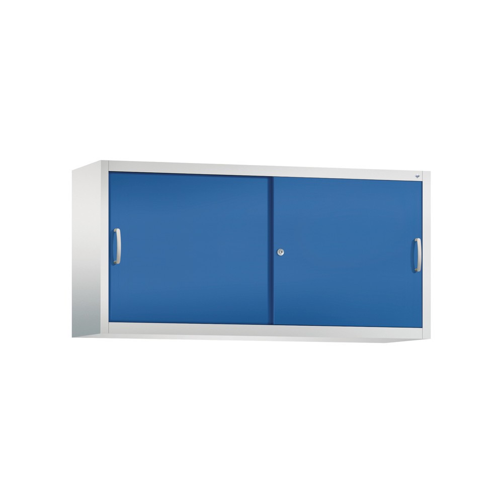 Surmeuble pour armoire à portes coulissantes d’atelier C+P, 2 tablettes, H x l x P 790 x 1 600 x 400 mm, cloison de séparation, gris clair, bleu gentiane