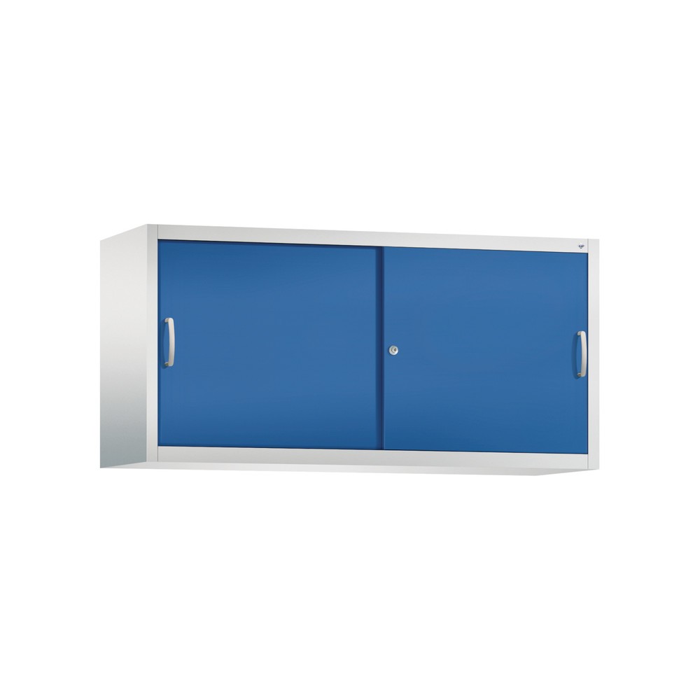 Surmeuble pour armoire à portes coulissantes d’atelier C+P, 2 tablettes, H x l x P 790 x 1 600 x 500 mm, cloison de séparation, gris clair, bleu gentiane