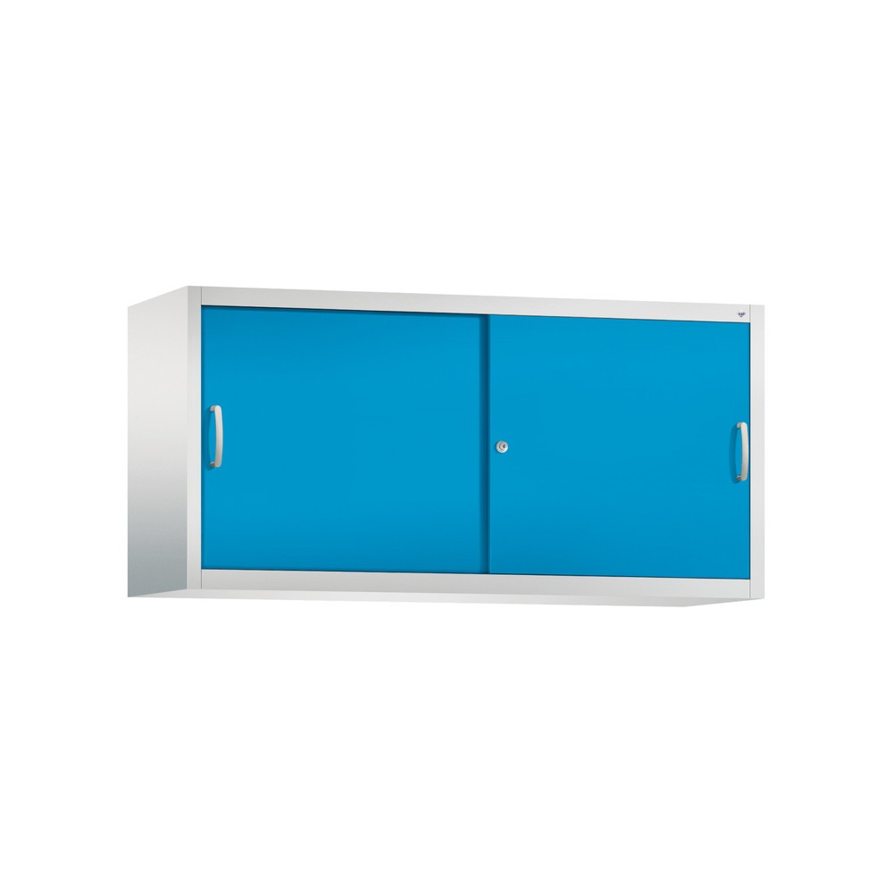 Surmeuble pour armoire à portes coulissantes d’atelier C+P, 2 tablettes, H x l x P 790 x 1 600 x 500 mm, cloison de séparation, gris clair, bleu clair