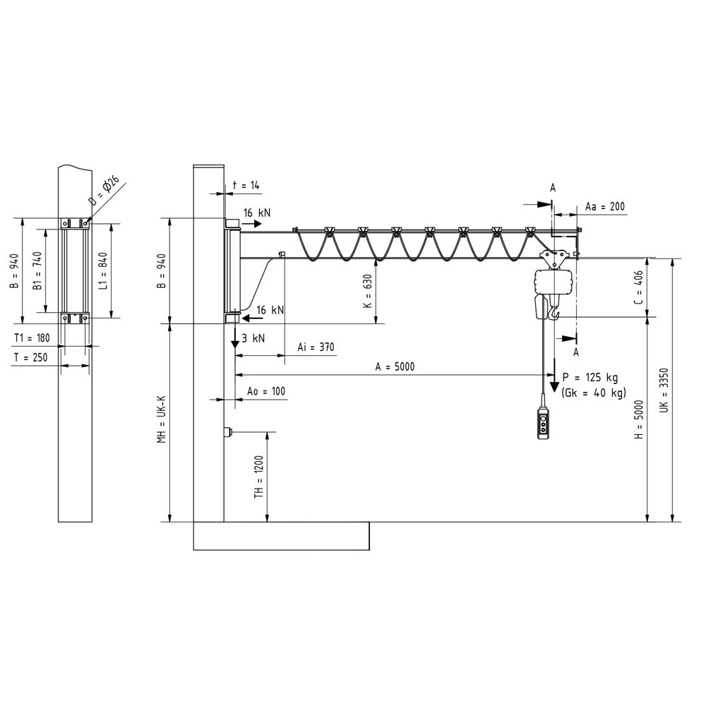 Numéro de l'image du produit 2: VETTER® Potence, palan électrique à chaîne LIFTKET compris, version murale, construction basse, portée 5 000 mm, capacité de charge 125 kg