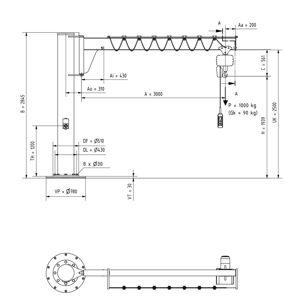 Numéro de l'image du produit 2: VETTER® Potence, palan électrique à chaîne LIFTKET compris, version sur fût, construction basse, matériel de fixation inclus, portée 3 000 mm, capacité de charge 1 000 kg